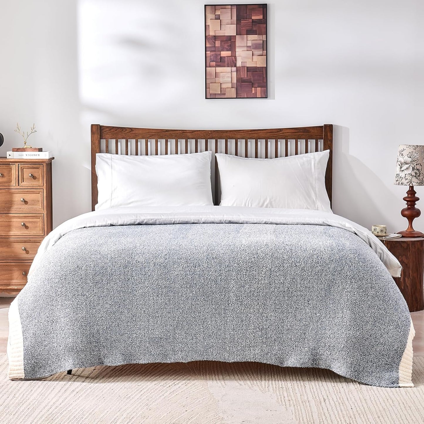 CozeCube Super Soft Fullfy Microfiber Reversible Knitted Blankets, Warm Cozy Fuzzy Plush Throw, Dusty Blue and White Melange Throw Blanket for Couch Bed Sofa, 60" x 80"