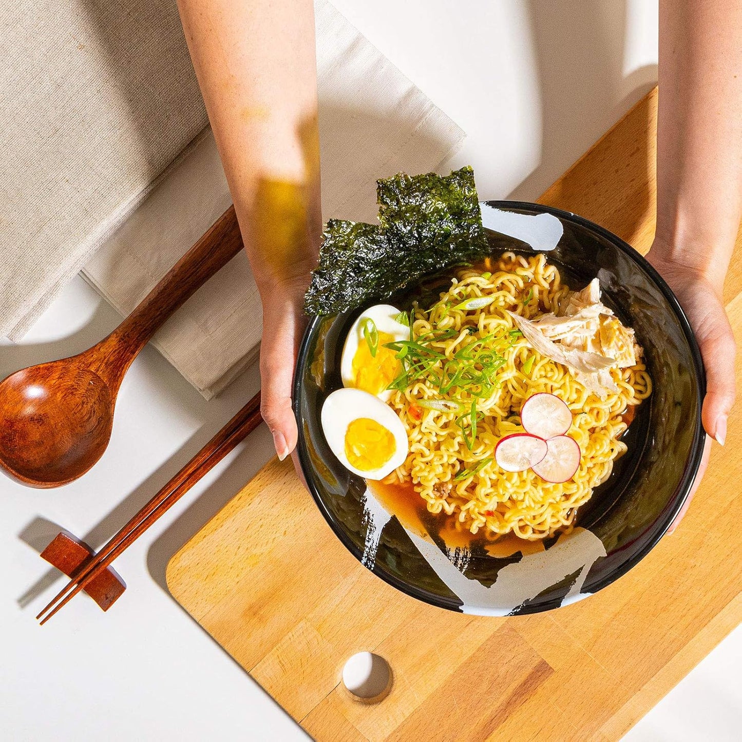 Japanese Ceramic Ramen Bowl Set, 60oz Large Ramen Bowls with Chopsticks, Spoons and Chopstick Rests – Bowl for Ramen, Pho, Salad, Poke, Soup, Udon – Minimalist Design, Premium Quality, Black