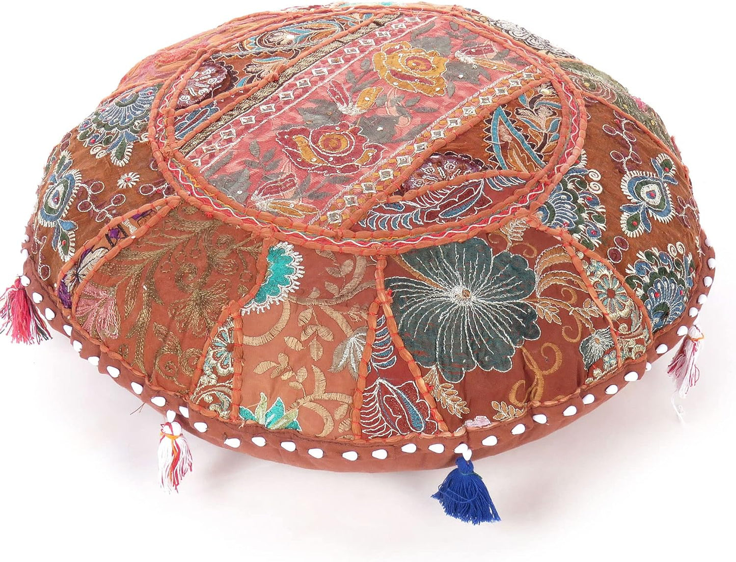 Eyes of India Round Floor Seating Meditation Patchwork Pillow Cushion Cover Colourful Decorative Throw Indian Bohemian Accent Boho Chic Handmade Cover Only (Light Brown, 17" x 17")