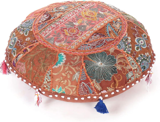 Eyes of India Round Floor Seating Meditation Patchwork Pillow Cushion Cover Colourful Decorative Throw Indian Bohemian Accent Boho Chic Handmade Cover Only (Light Brown, 17" x 17")