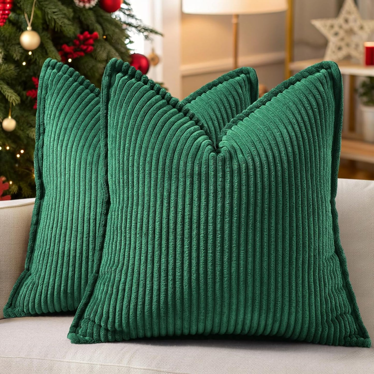 decorUhome Christmas Corduroy Green Throw Pillow Covers 16x16 Set of 2 Decorative Soft Boho Farmhouse Euro Couch Pillow Covers for Living Room Bed Sofa Broadside Striped Pillow Cases