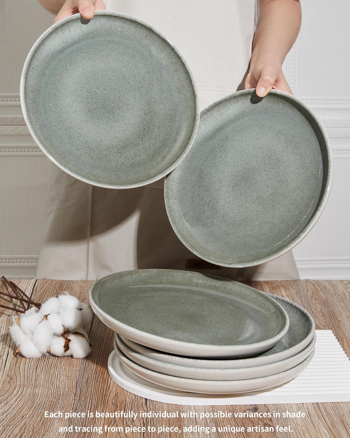 Gradient Green Dinner Plates Set of 6, 10 Inch Reactive Glaze Ceramic Plates Set, Modern Dinnerware Dishes Set for Kitchen, Microwave & Dishwasher Safe, Highly Chip and Crack Resistant