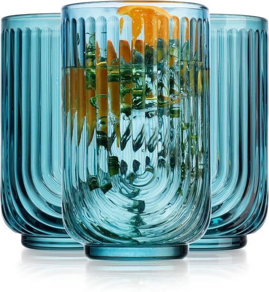 Glaver's Vintage Glassware Art Deco Glasse Ribbed Drinking Glasses U-Shape Arch Design Colored Cocktail Kitchen Tumblers Everyday Dinner Decorative Party, Blue (Blue S/4 17oz)