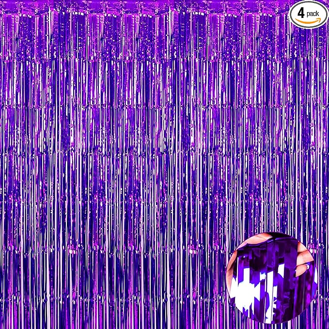 4 Pack Purple Foil Fringe Curtain Backdrop, 3.3Ft x 9.8Ft Metallic Tinsel Foil Fringe Streamers Curtains for Photo Booth, Wedding, Thanksgiving, Birthday, Christmas, Halloween Party Decoration