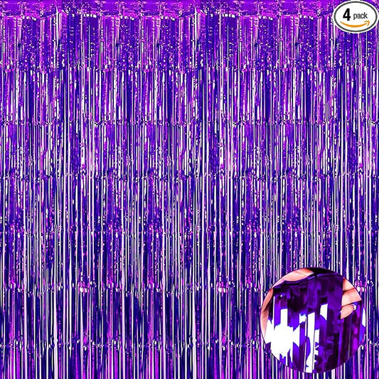 4 Pack Purple Foil Fringe Curtain Backdrop, 3.3Ft x 9.8Ft Metallic Tinsel Foil Fringe Streamers Curtains for Photo Booth, Wedding, Thanksgiving, Birthday, Christmas, Halloween Party Decoration