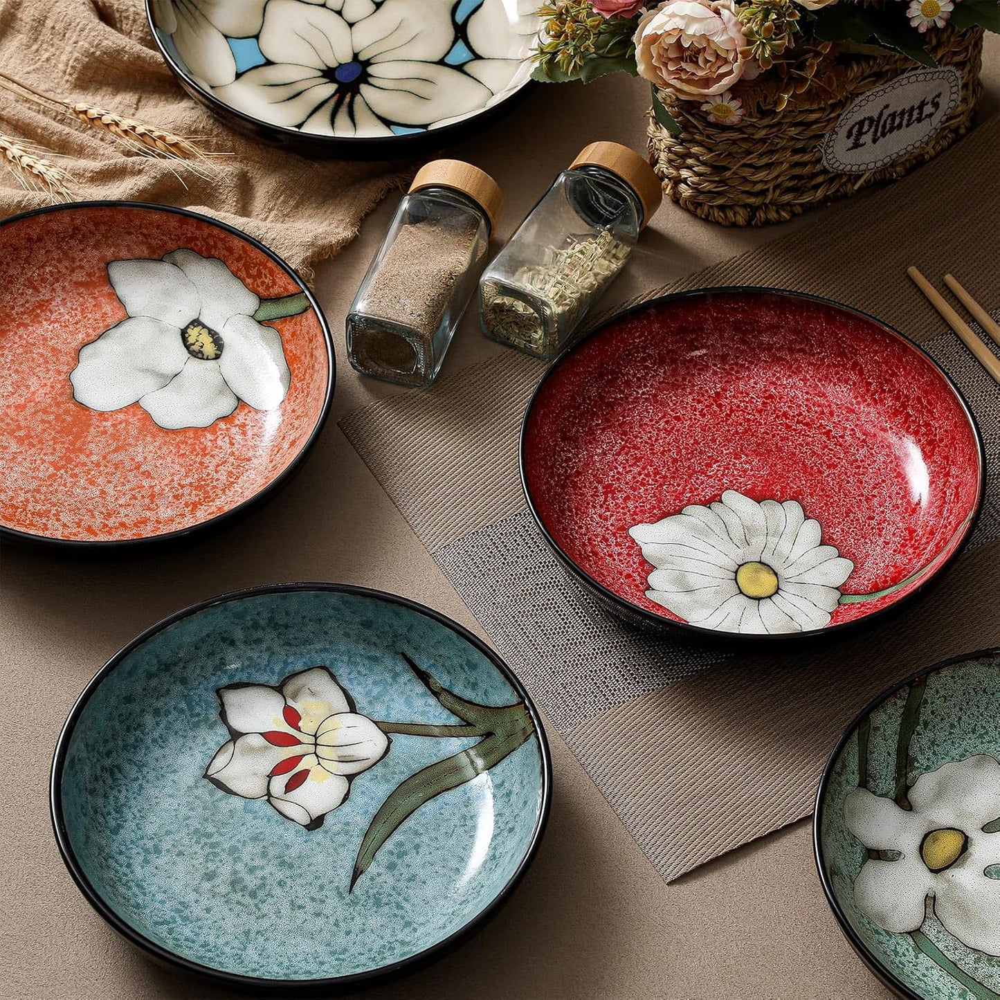 Maxdot Ceramic Dinner Plates Set of 6, 8.5 Inch Underglaze Painting Salad Plates, Glazing Process Floral Ceramic Gift Dishes for Steak Salad Pasta Appetizer, Microwave, Oven and Dishwasher Safe