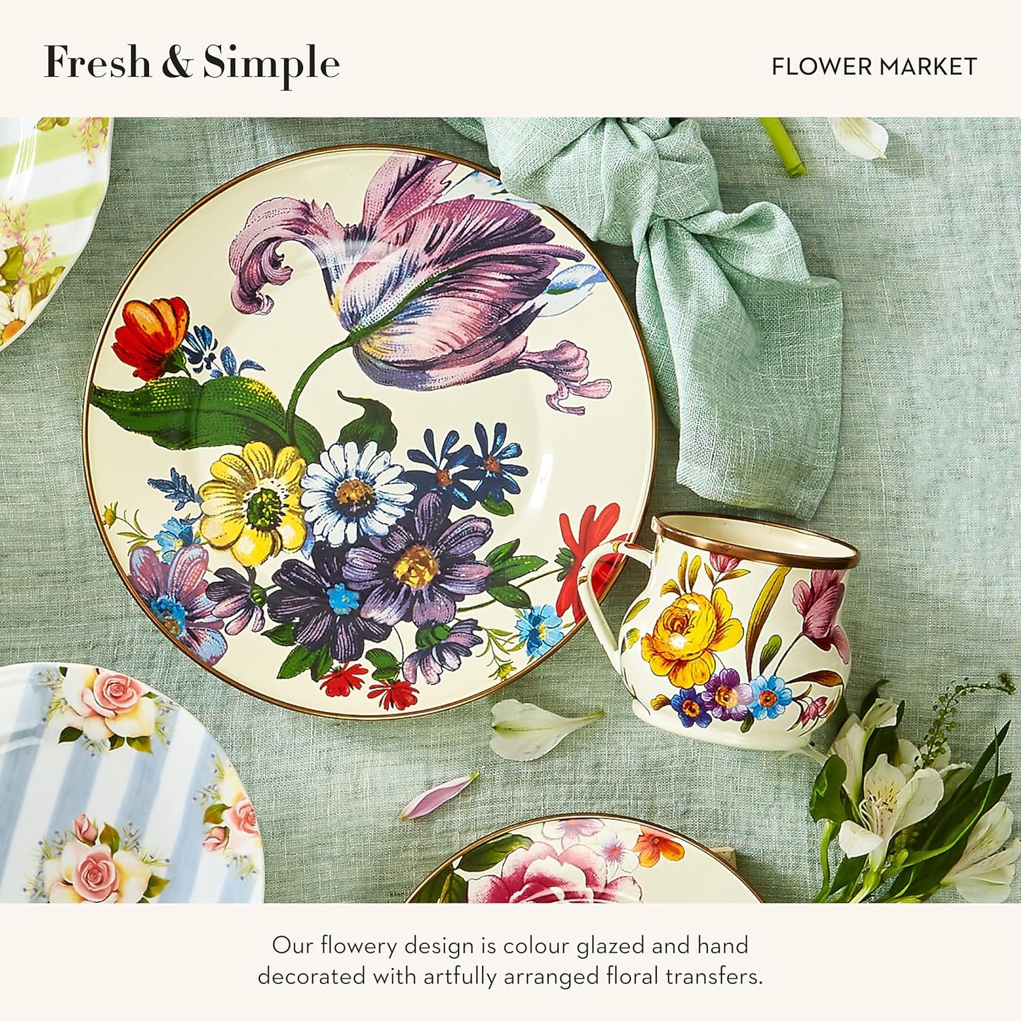 MACKENZIE-CHILDS Enamel Mug, Cute Enamelware Coffee and Tea Mug, Unique Drinkware, 16 Ounces, White Flower Market, Set of 1