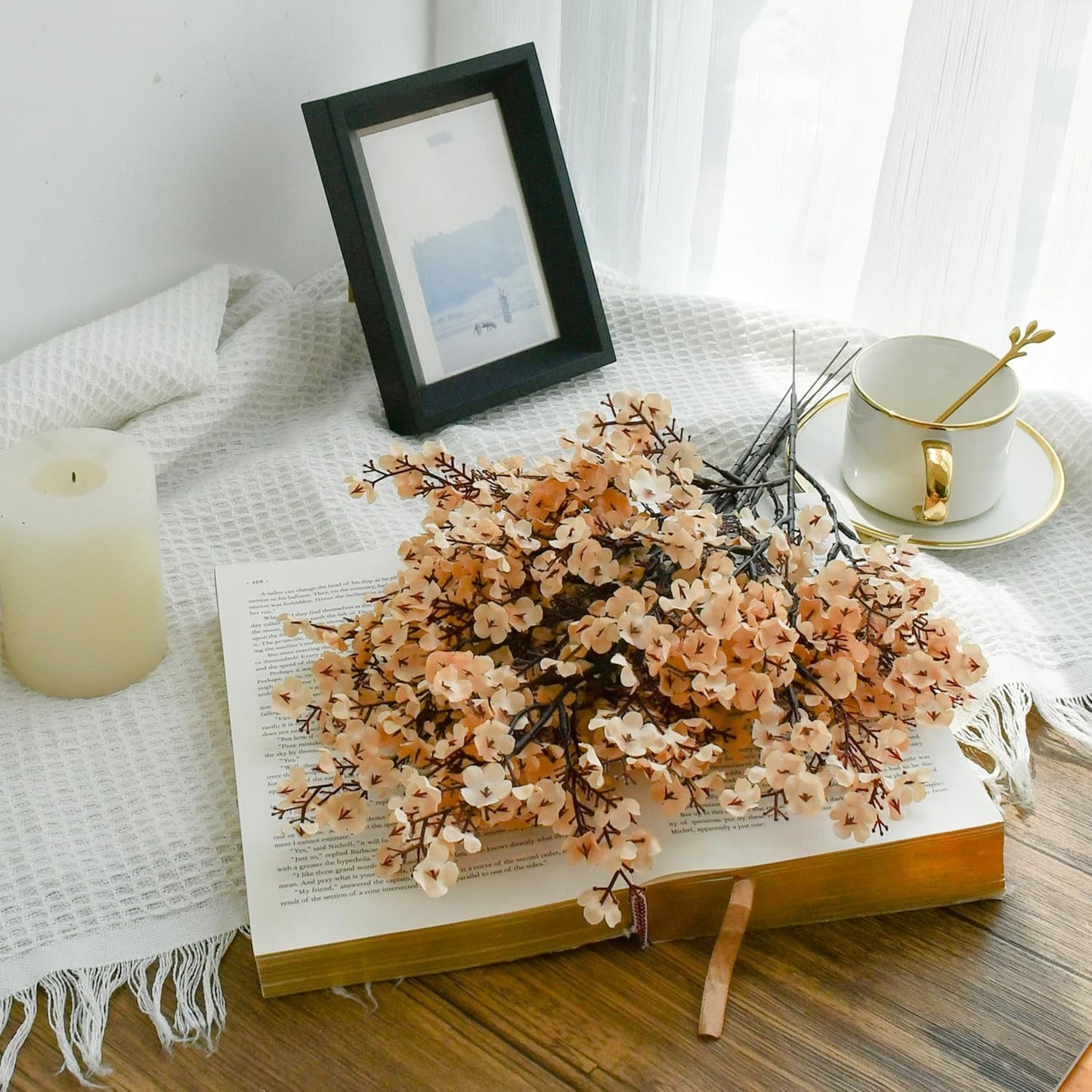 Mandy's Champagne Artificial Baby’s Breath Flowers 6 Bundles Silk Gypsophila with Bendable Stems for Fall Centerpiece Wedding Decor and Table Arrangements