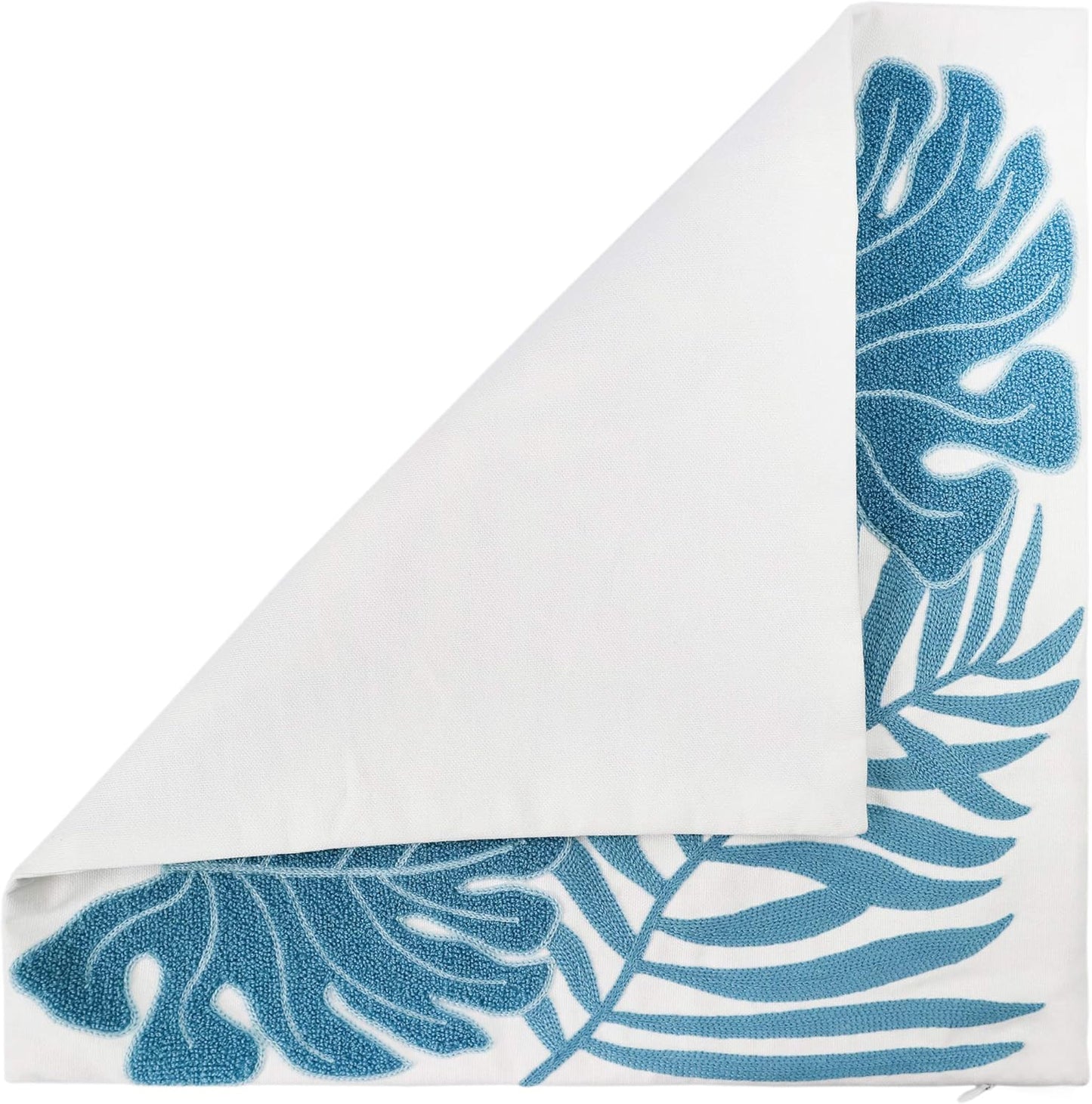 Embroidery Throw Pillow Cover 18x18 Light Blue Tropical Leaf Home Décor Turquoise Cushion Cover for Couch 45x45 100% Cotton Floor Pillowcase Teal Plant Monstera Leaf Loop, 1 Piece