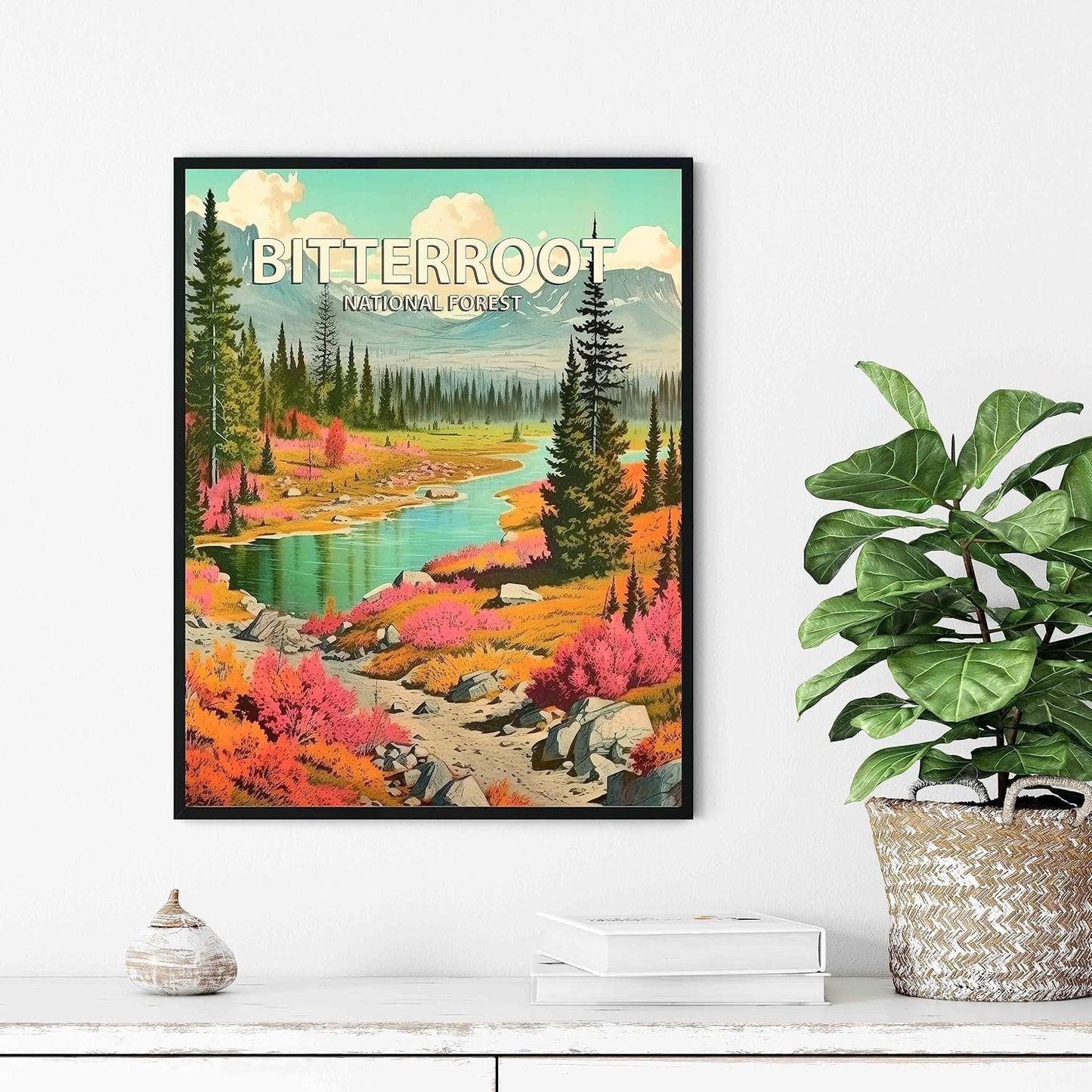Bitterroot National Forest Poster Art Print Retro Mountain Wall Art Poster Vintage Decor Nature Recreation Wilderness Wildlife Decoration, Outdoor Adventure Scenic Beauty Artwork. (Bitterroot National