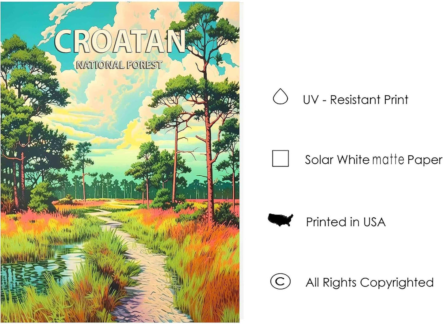 Croatan National Forest Poster Art Print Retro Mountain Wall Art Poster Vintage Decor Nature Recreation Wilderness Wildlife Decoration, Outdoor Adventure Scenic Beauty Artwork. (Croatan National