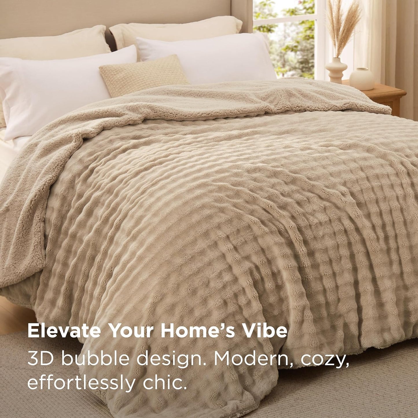 Bedsure Bubble Sherpa Blanket King Size for Bed - Fuzzy Fleece Thick Warm Blanket for Winter, GentleSoft Cozy Plush Throw Gift for Women, Room Decor, Beige, 108x90 Inches