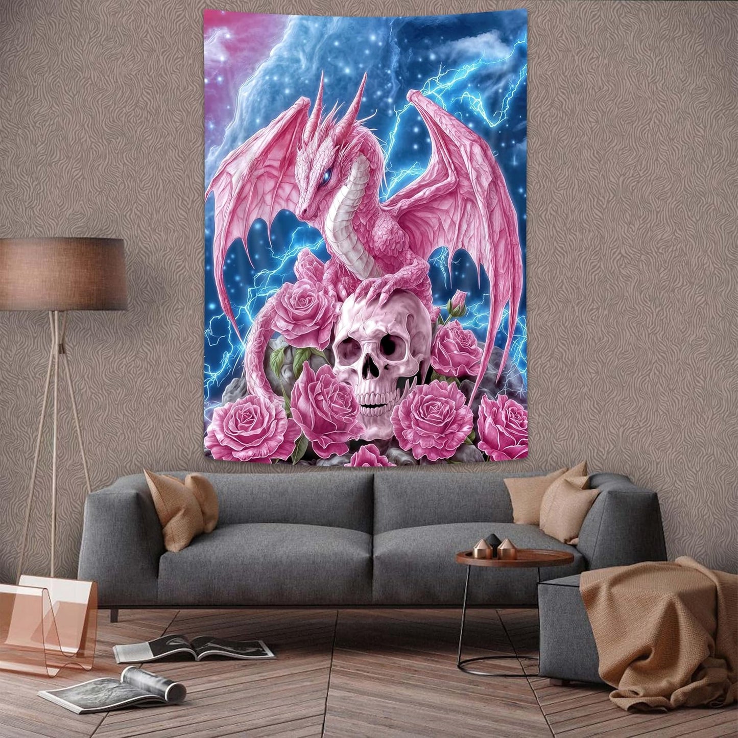 DYNH Pink Dragon Dragon Art Tapestry,Rose Flowers Skull Skeleton Gothic Tapestries,Lightning Flash Dreamy Wall Hanging for Bedroom Living Room,36X48Inches