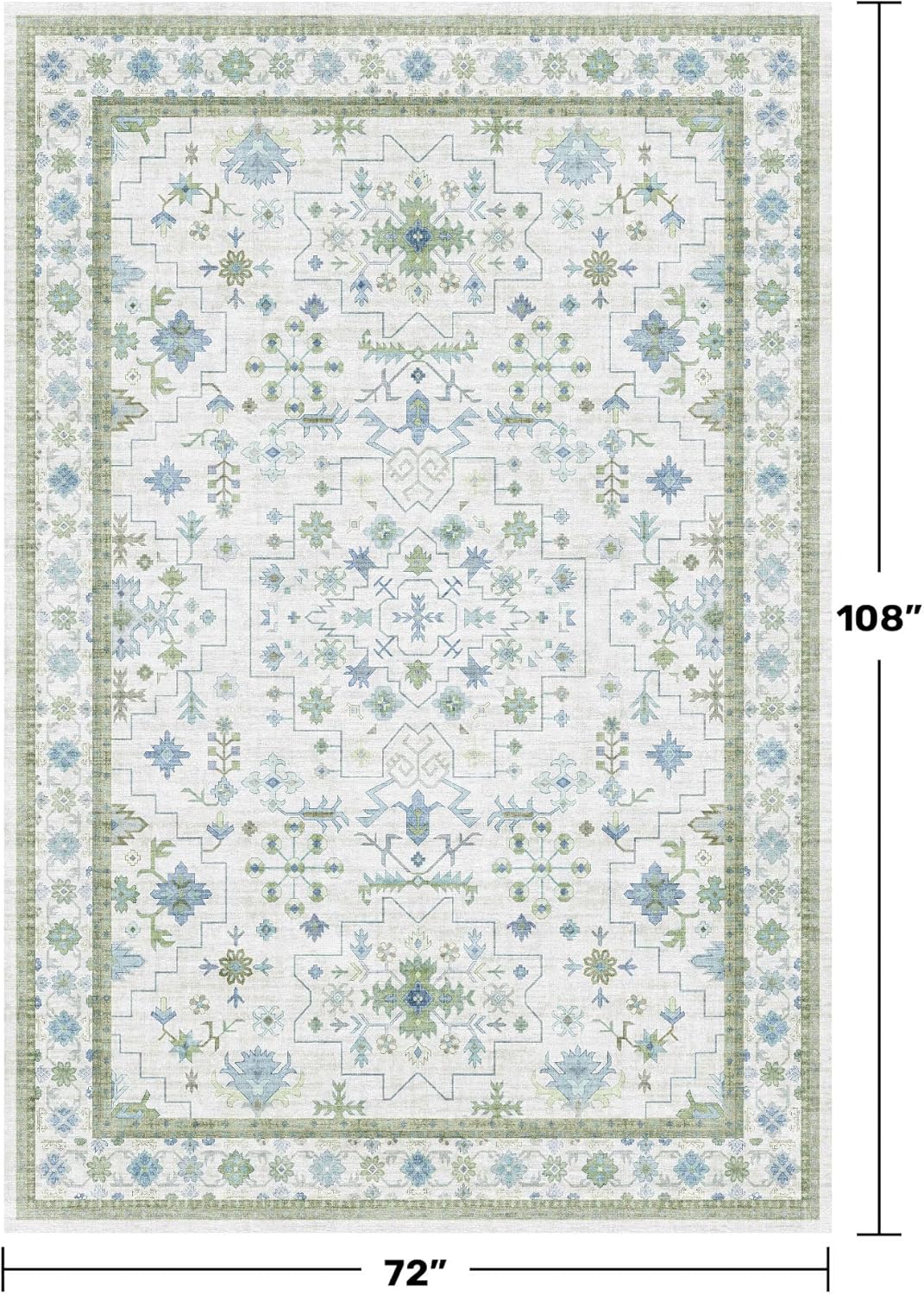 Cream Oushak 6x9 Bedroom Rug - Boho Floral Cool Blue and Green, Washable Low Pile Non-Slip Ultra-Thin Large Area Rugs for Bed Room, Living Room, Playroom