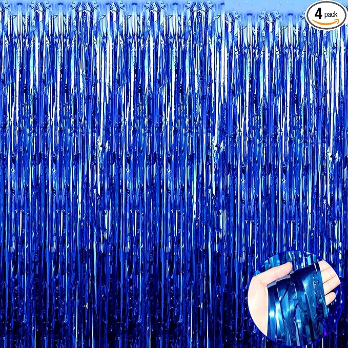 4 Pack Blue Foil Fringe Curtain Backdrop, 3.28Ft x 9.84Ft Metallic Tinsel Streamers for Sea Party, Photo Booth Props, Birthday, 2022 Summer Ocean Theme Party Decoration Supplies