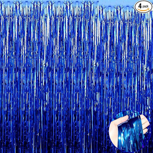 4 Pack Blue Foil Fringe Curtain Backdrop, 3.28Ft x 9.84Ft Metallic Tinsel Streamers for Sea Party, Photo Booth Props, Birthday, 2022 Summer Ocean Theme Party Decoration Supplies