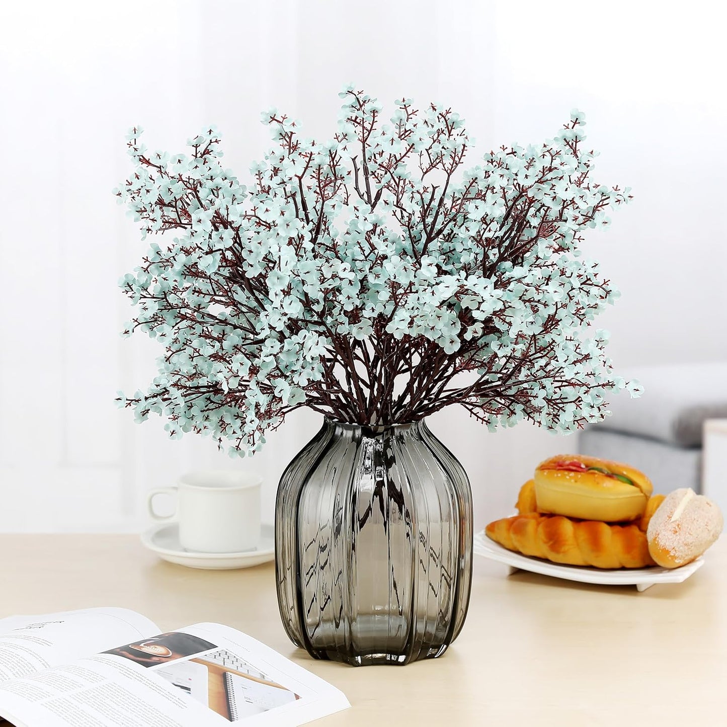 JAKY-Global Babys Breath Fabric Cloth Artificial Flowers 6 Bundle European Fake Silk Plants Decor Wedding Party Decoration Bouquets Real Touch DIY Home Garden (Grey Blue)