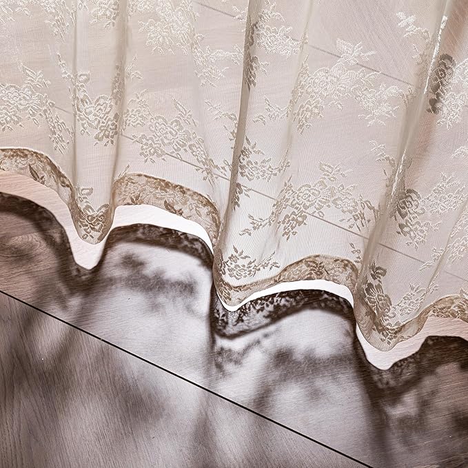 MEETSKY Boho Lace Sheer Curtains 90 Inches Long for Dining/Living Room Vintage Victorian Curtain French Elegant Back Tab Rod Pocket Light Filtering Drapes, 50" Wide Each Panel, 2 Panels, Oatmeal Beige