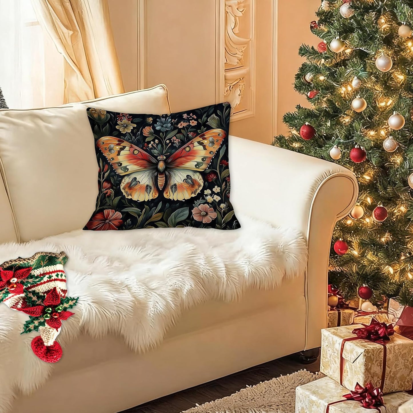 Colorful Floral Butterfly Pillow Covers 18x18, Retro Dark Cottagecore Wildflower Botanical Moth Decorative Throw Pillow Covers for Bedroom Living Room Home, Butterfly Room Decor