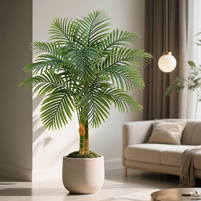 2PCS Artificial Palm Tree Indoor Plant 4FT Tall Fake Tropical Palm Tree in Pot with Real Bark Design Faux Areca Palm Tree for Home Office Living Room Bedroom Farmhouse Outdoor Decor (Black, 4FT-2PCs)