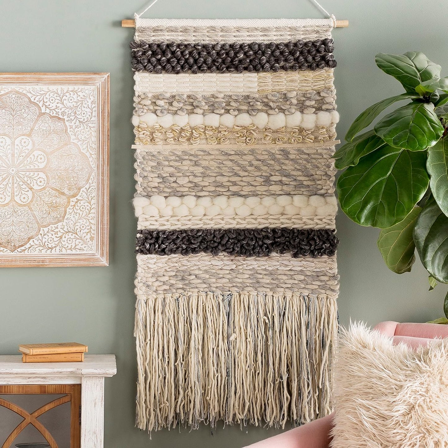 Mark&Day Wall Art, Mureck Bohemian Farmhouse Medium Gray Macrame Tapestry Wall Hanging for Living Room, Bedroom, Office or Kitchen (48"H x 24"W)