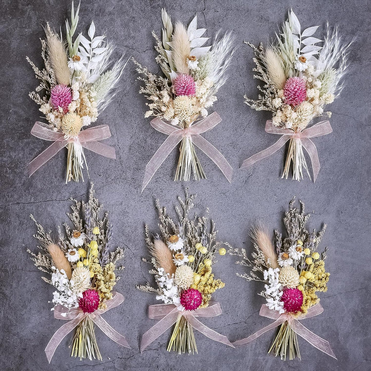 Mini Dried Flower Bouquet Set of 6, Pink Mini Bouquet, Party Plate Decoration, Bridesmaid Flower Girl Proposal Box, Birthday Cake Table Arrangement, Wall Decoration. (Pink)
