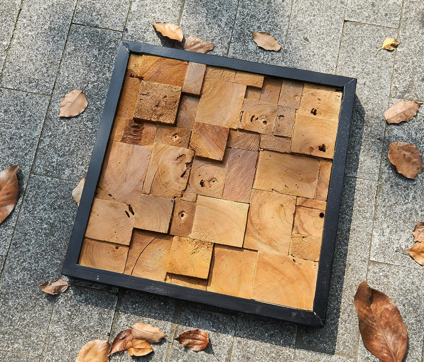 Greenage Reclaimed Teak Wood Wall Decor 17"x17" Farmhouse Simetris Square Wall Art Rustic Geometric Pattern Wall Hanging Decoration Wooden Frame Wall Panel for Home Living Room Bedroom