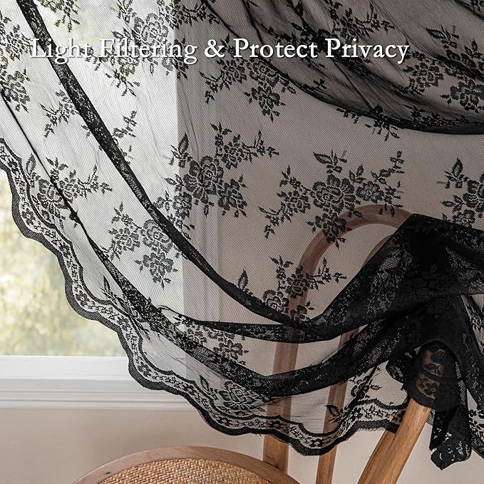 MEETSKY Lace Sheer Curtains 72 Inch Long Black Goth Victorian Vintage Spooky Halloween Holiday Party Decor for Living Room Bedroom Back Tab Rod Pocket Light Filtering Drapes, 50"W Each Panel, 2 Pieces