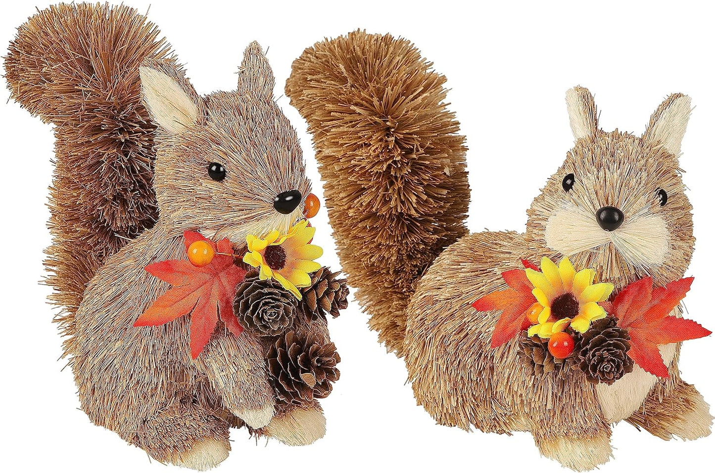 Lulu Home 2 Packs Squirrel Figurines, Handmade Straw-Woven Sitting Squirrel Tabletop Ornaments with Maple Leaves Pine Cones for Thanksgiving Day Fall Harvest Indoor Home Decor