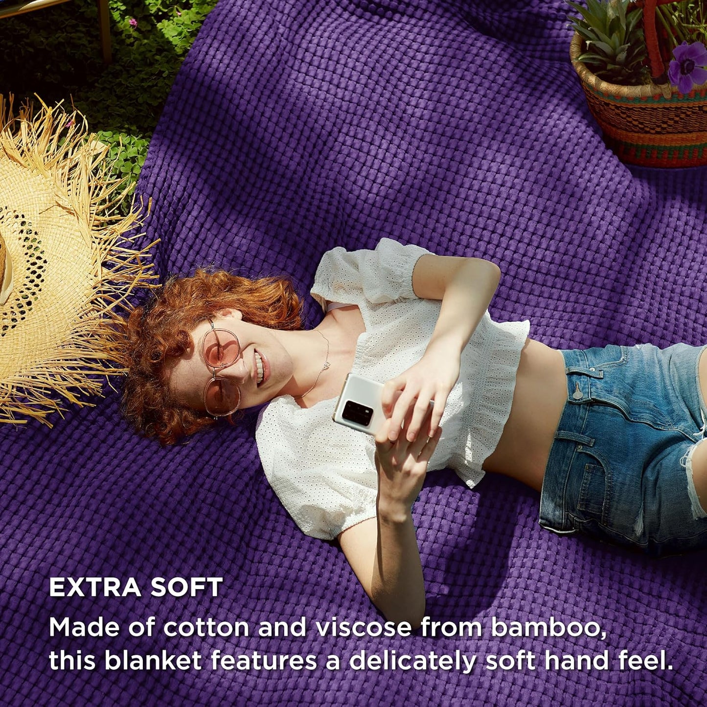 Bedsure Cooling Cotton Waffle Oversized King Blanket - Lightweight Breathable Rayon Derived from Bamboo for Hot Sleepers, Luxury Throws for Bed and Sofa, Purple, 120x96 Inches