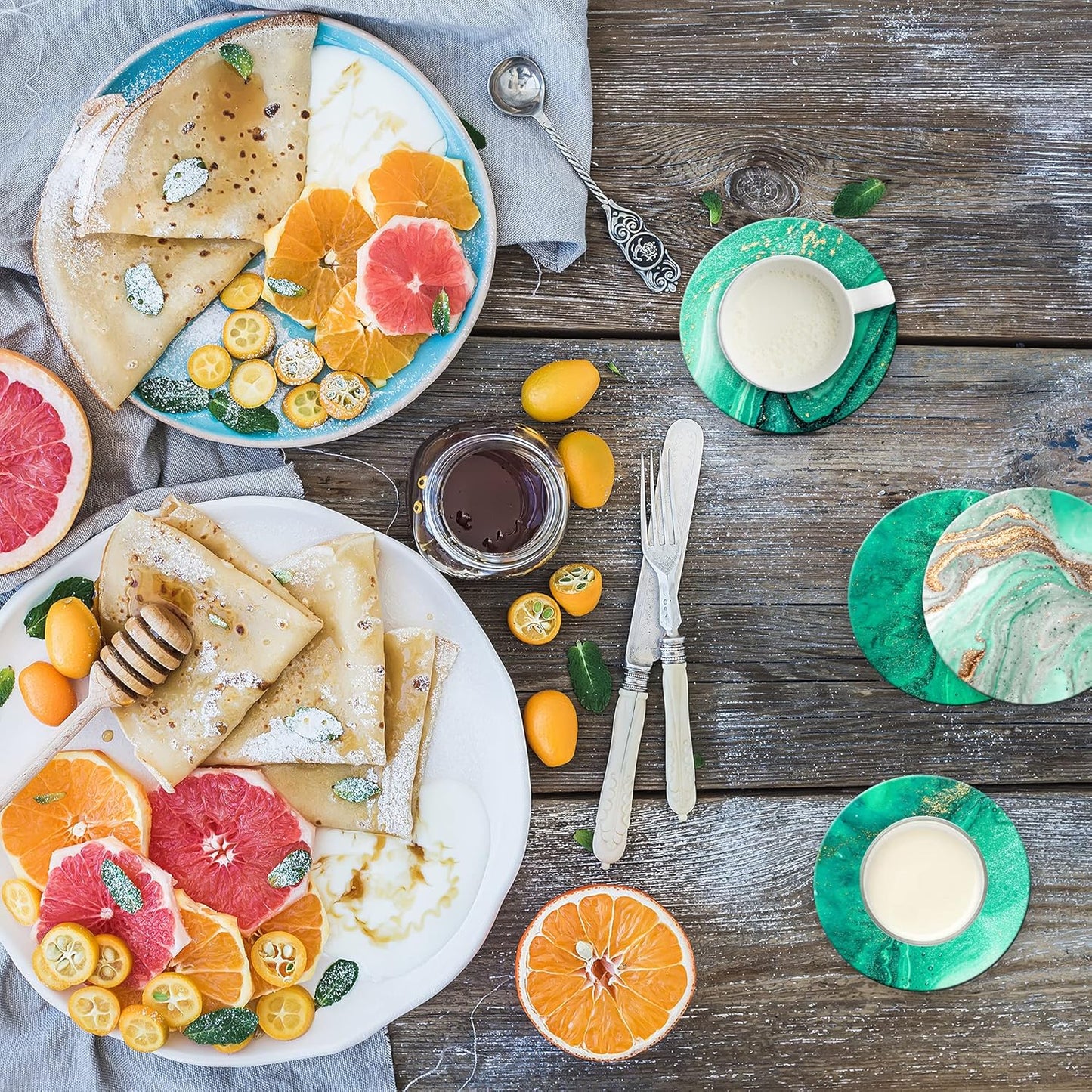 Dooke Coasters for Drinks,Round Absorbent Ceramic Stone Coasters Set of 6 with Cork Base,Funny Drink Coasters with Holder for Cold Drinks Wine Cups Tabletop Protection,4 Inches,Turquoise Green Marble