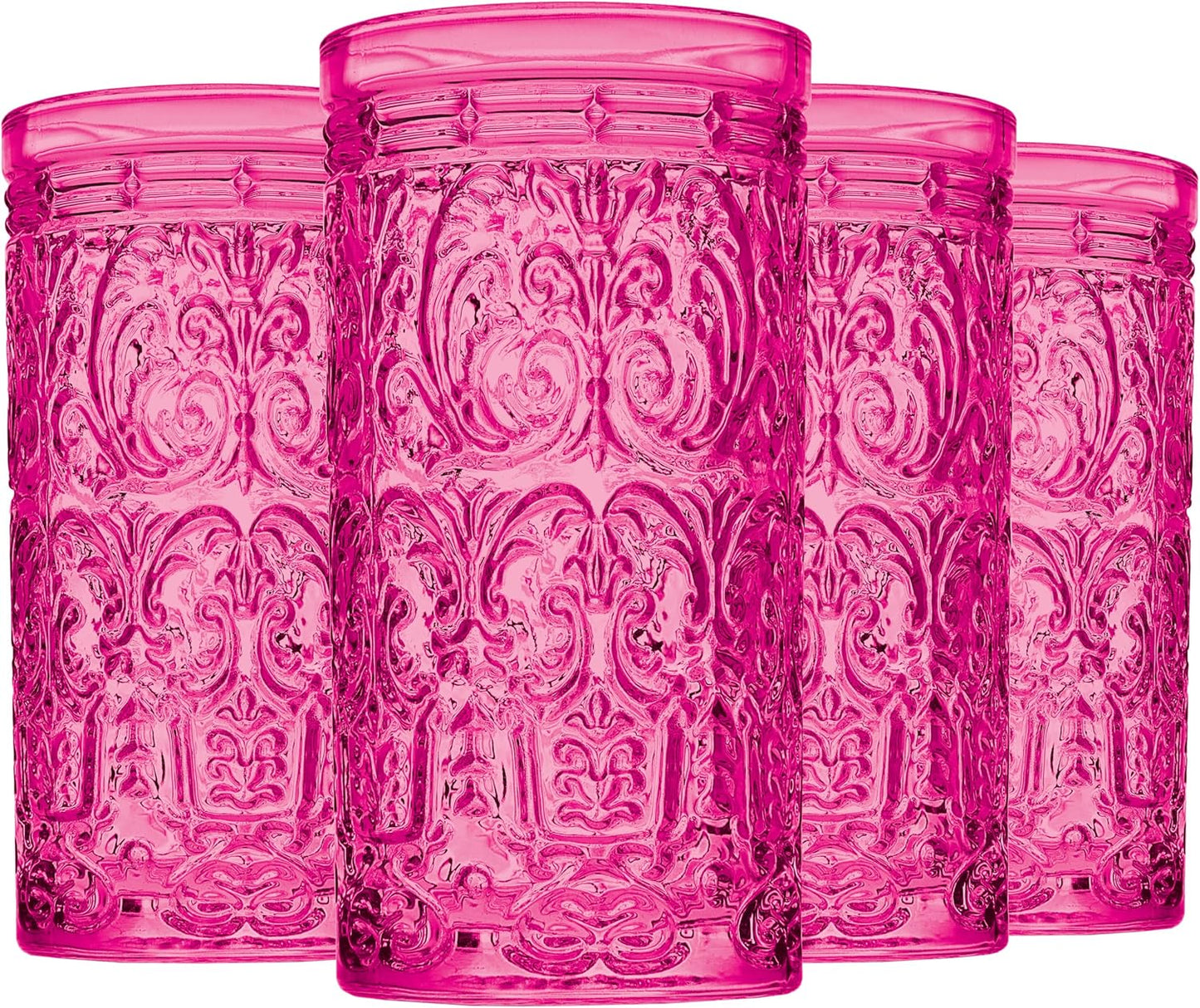 Godinger Highball Drinking Glasses, Tall Glass Cups Vintage Design - Jax Collection, Hot Pink, Set of 4
