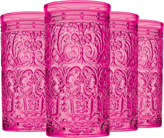 Godinger Highball Drinking Glasses, Tall Glass Cups Vintage Design - Jax Collection, Hot Pink, Set of 4