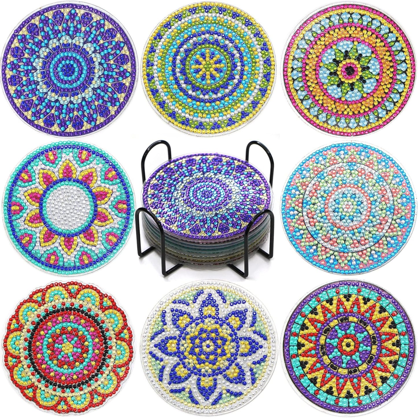 Diamond Art Coasters Kit with Holder, 8 Pcs Diamond Art Coasters for Adults Kids Beginners Crafts Gifts (Mandalas)