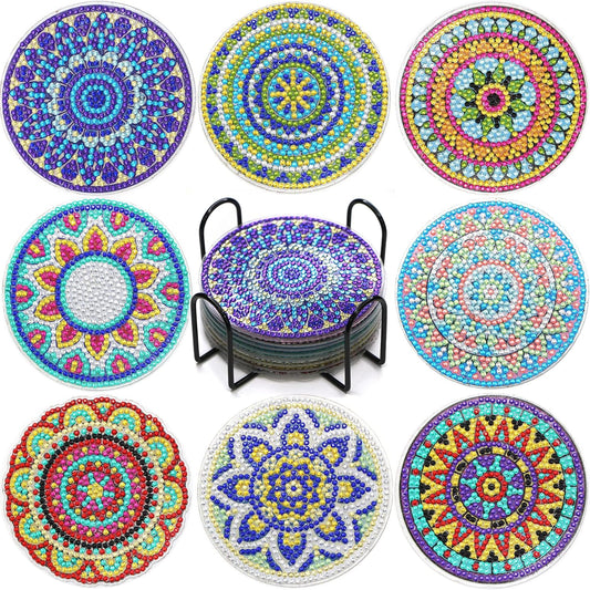 Diamond Art Coasters Kit with Holder, 8 Pcs Diamond Art Coasters for Adults Kids Beginners Crafts Gifts (Mandalas)