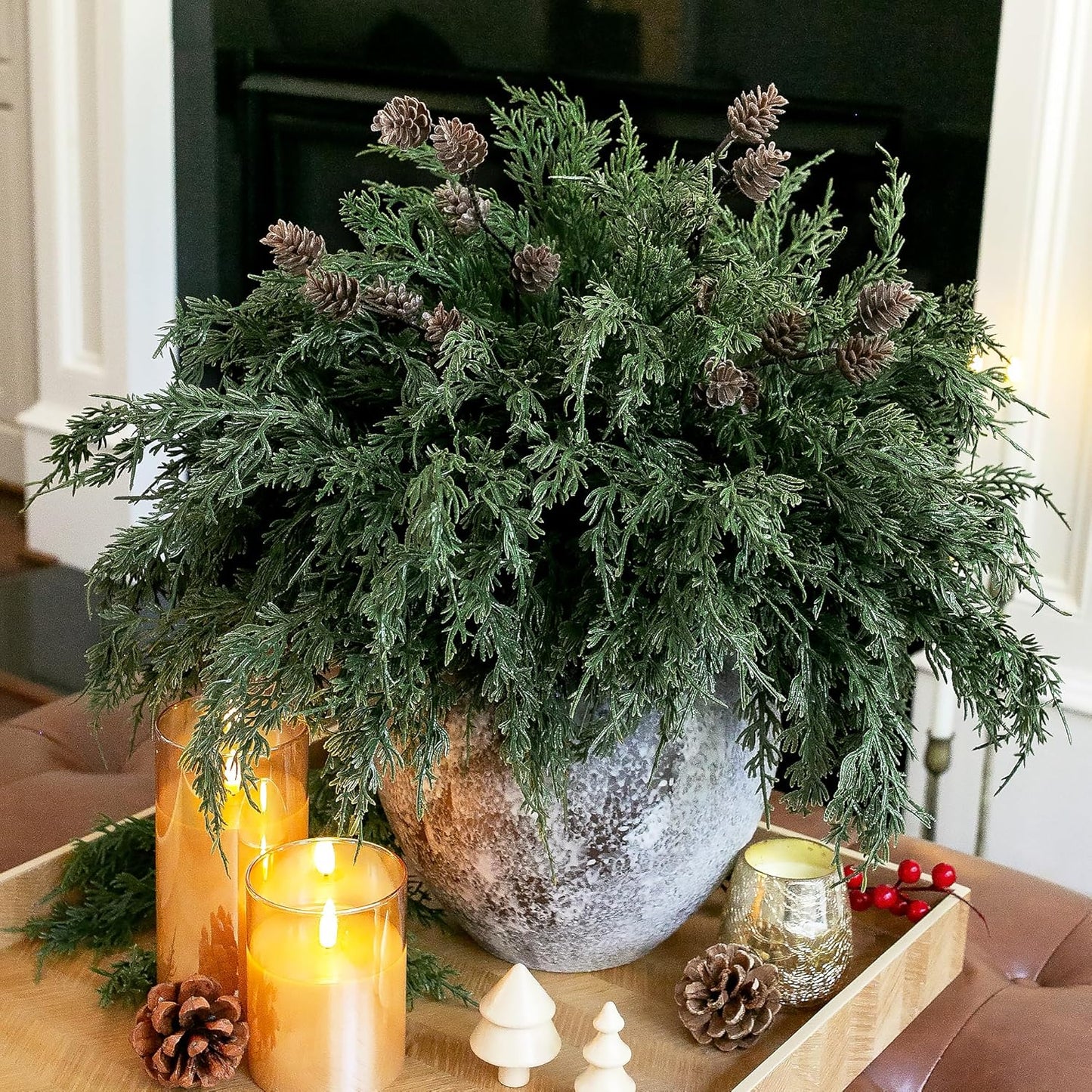 Faux Cedar Stems Artificial Norfolk Pine Branches for Christmas Decor, 12 PCS Fake Pine Stems with 2 PCS Pine Cones Branches Real Touch Realistic Faux Greenery for Vases DIY Garland Xmas Table Indoor