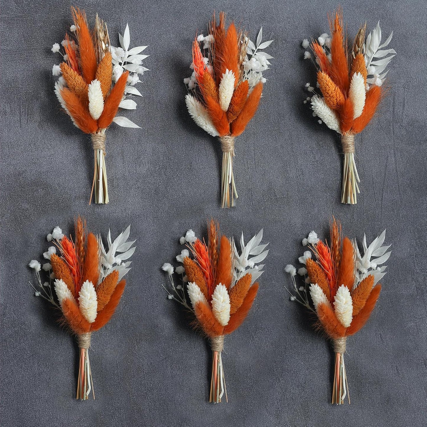 Mini Dried Flower Bouquet (Pack of 6), Fall Dried Flower Bouquet, boutonnieres for Groom and Groomsmen. (Orange)