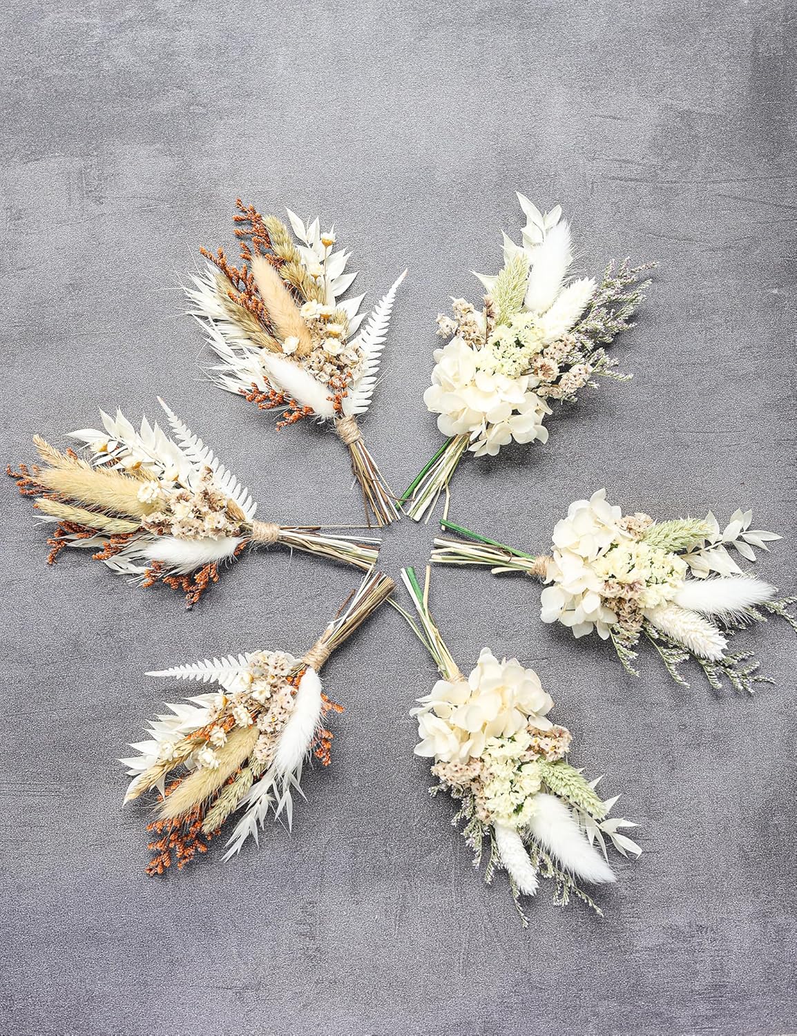 Mini Dried Flower Bouquet Set (6 pcs), Men's Corsage, Party Dinner Plate Decoration, Bridesmaid Flower Girl Proposal Gift Box, Birthday Cake Dried Flower Decoration. (White)