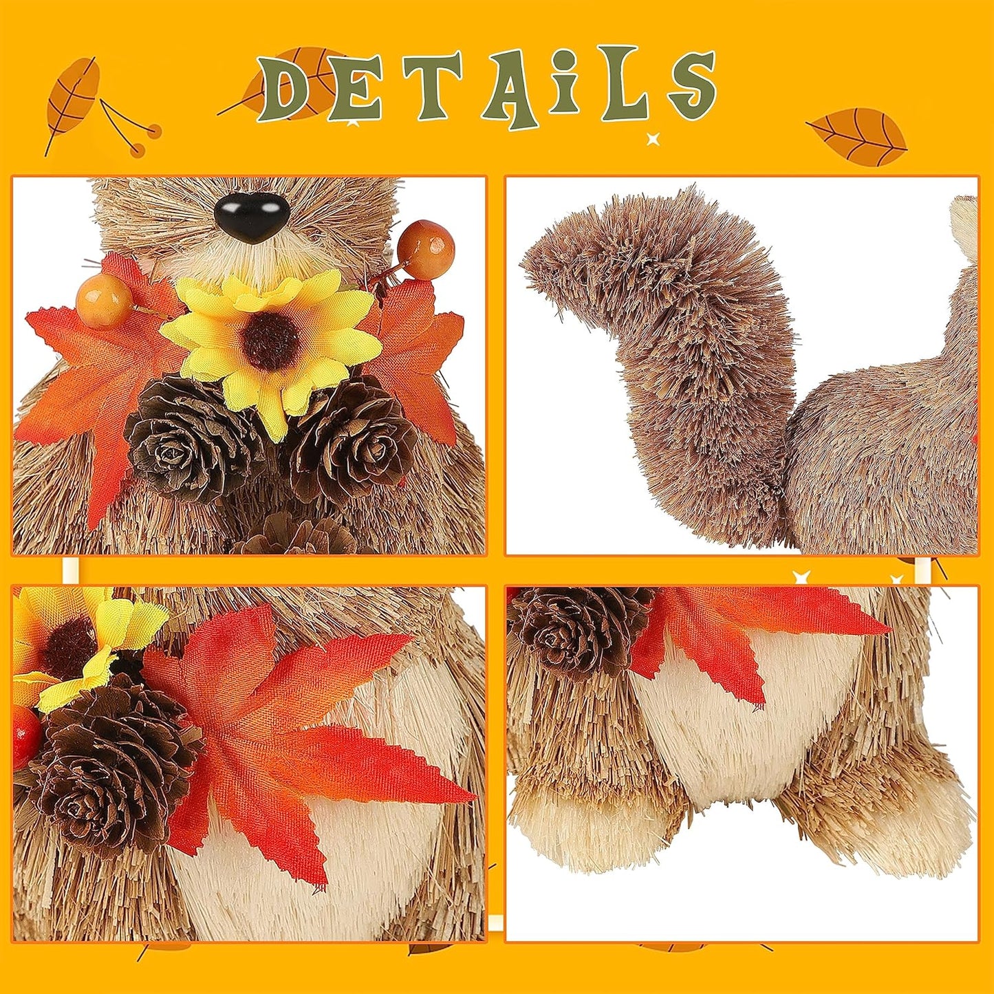 Lulu Home 2 Packs Squirrel Figurines, Handmade Straw-Woven Sitting Squirrel Tabletop Ornaments with Maple Leaves Pine Cones for Thanksgiving Day Fall Harvest Indoor Home Decor