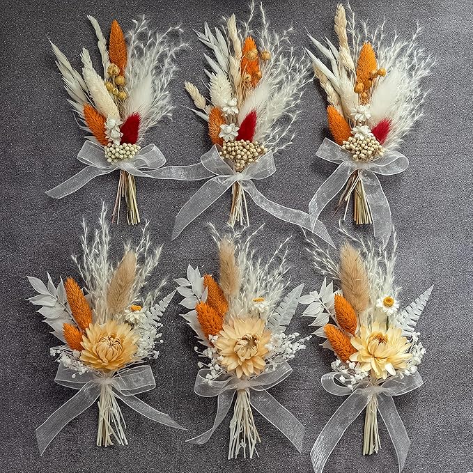 xin's convey Mini Dried Flowert Set (Pack of 6), Orange Small Bouquet, Pampas Small Bouquet, Party Plate Decoration, Bridesmaid Flower Girl Proposal Box, Birthday Cake Decoration. (Terracotta)
