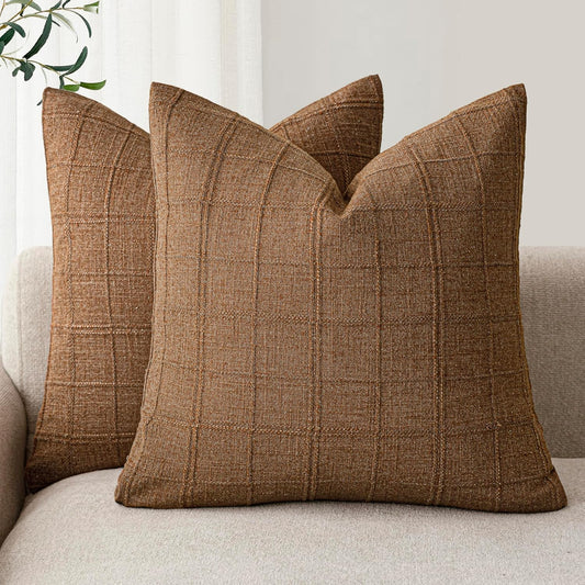 Foindtower Set of 2 Decorative Linen Check Throw Pillow Covers Neutral Farmhouse Vintage Cushion Covers Modern Boho Home Decor for Sofa Chair Couch Bedroom Living Room,24×24 Inch,Brown Hazel