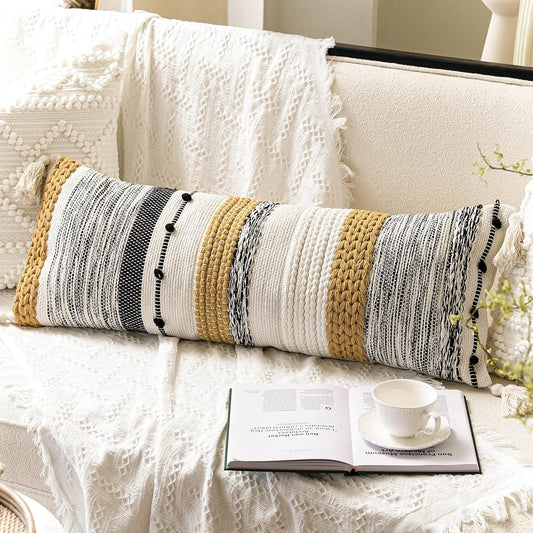 BlissBlush Fall Decorative Lumbar Throw Pillow Cover 14x36 Boho Long Cushion for Bed Yellow Mustard Accent Farmhouse Pillowcase for Bedroom Living Room Couch Sofa Home Décor Cover ONLY