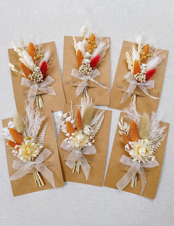 xin's convey Mini Dried Flowert Set (Pack of 6), Orange Small Bouquet, Pampas Small Bouquet, Party Plate Decoration, Bridesmaid Flower Girl Proposal Box, Birthday Cake Decoration. (Terracotta)