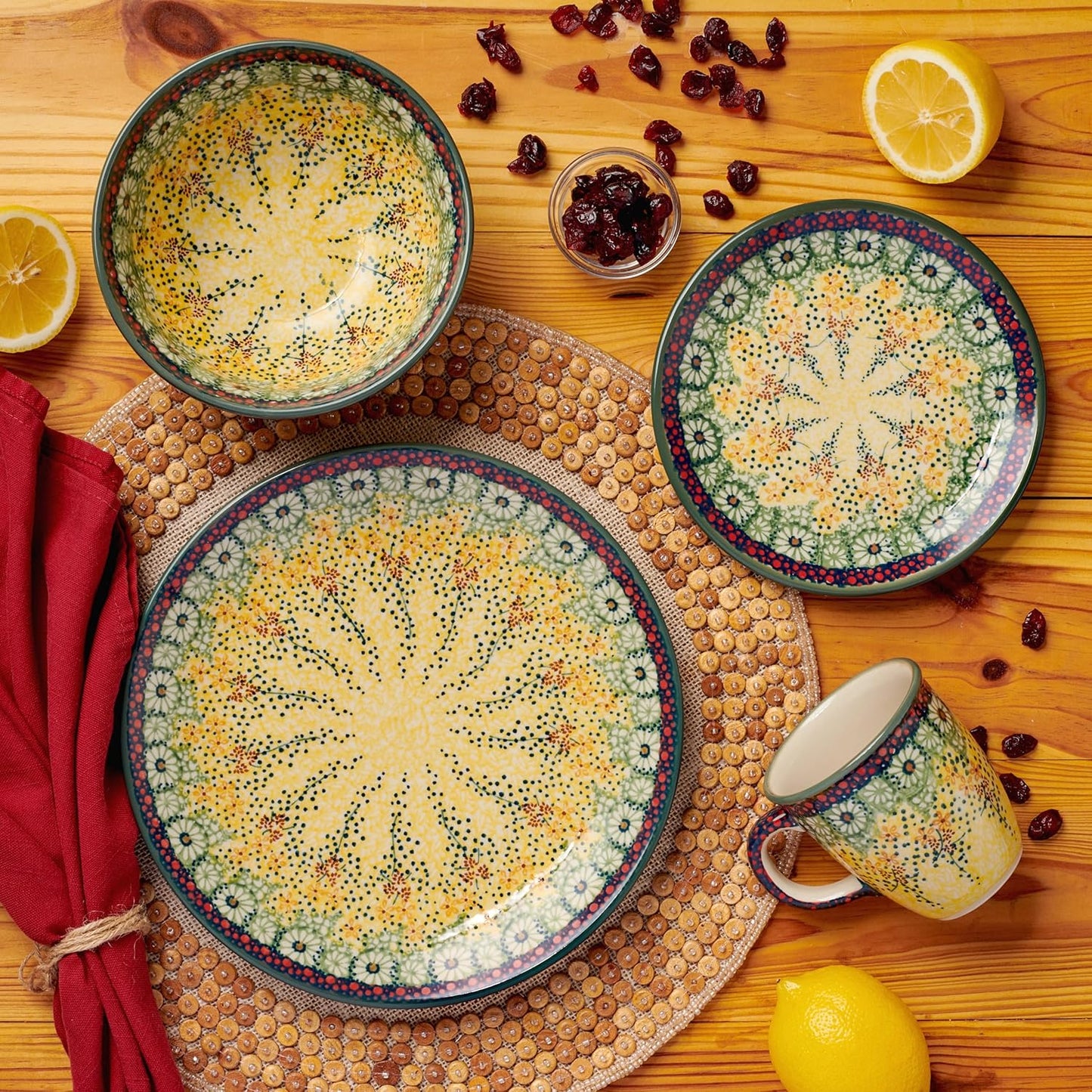 Blue Rose Polish Pottery - Yellow Sunshine Grotto Dessert Plate - 7" Diameter - Beautiful Plate for Cake, Appetizers, or Snacks