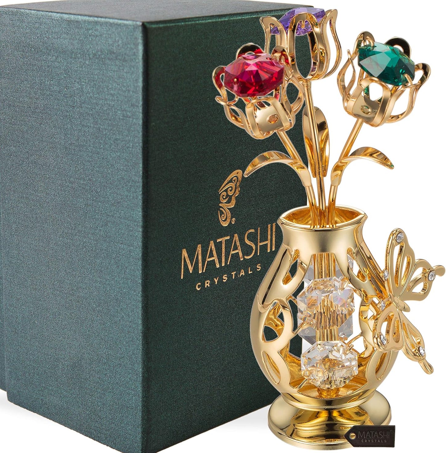 for Mom - Matashi 24k Gold Plated Flower Bouquet & Vase with Colorful Crystal Butterfly Figurine, Elegant Home Decorations - Unique Tabletop Ornaments, Ideal Gift for Mother's Day
