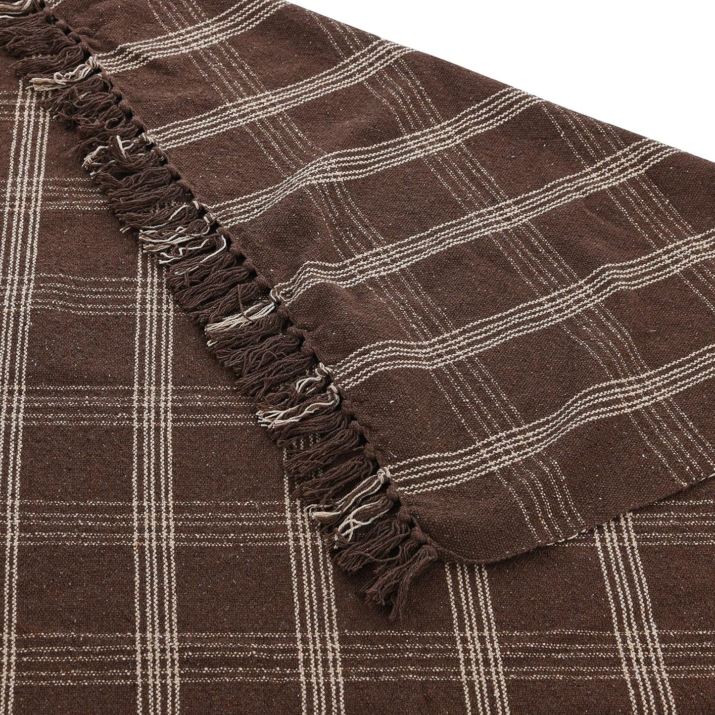 Creative Co-Op Recycled Cotton Blend Throw Blanket with Fringe, Brown Plaid