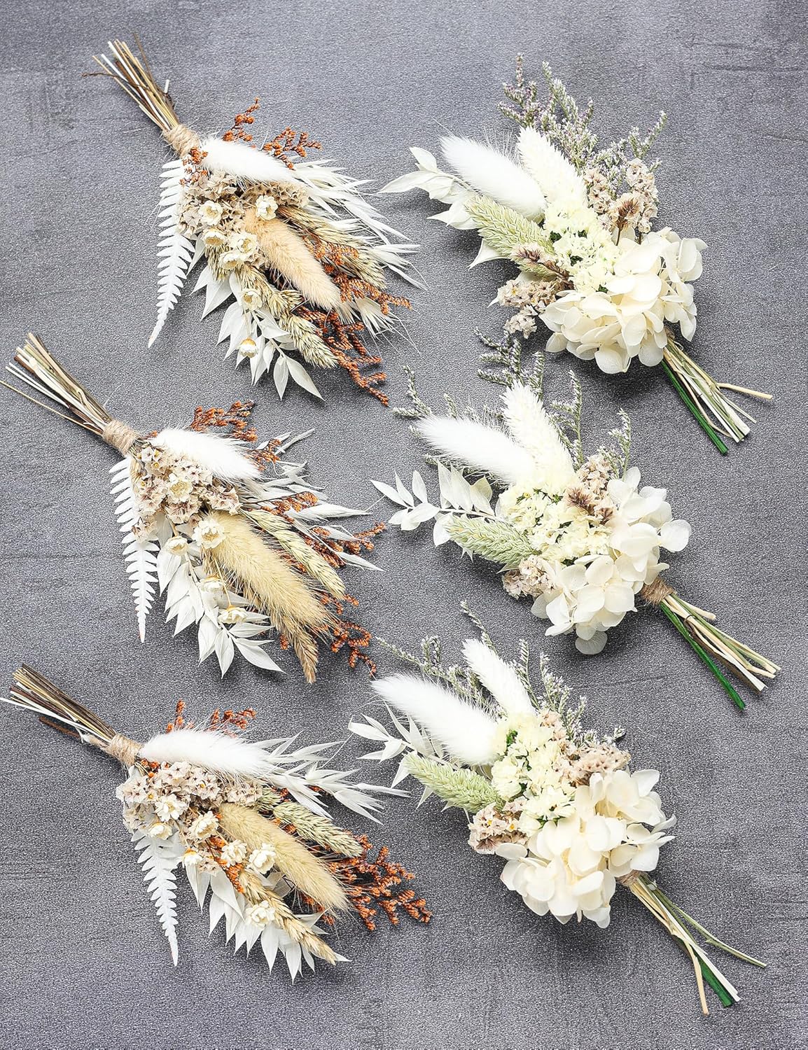 Mini Dried Flower Bouquet Set (6 pcs), Men's Corsage, Party Dinner Plate Decoration, Bridesmaid Flower Girl Proposal Gift Box, Birthday Cake Dried Flower Decoration. (White)