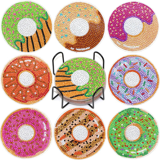 Diamond Art Coasters Kit with Holder, 8 Pcs Diamond Art Coasters for Adults Kids Beginners Crafts Gifts (Donuts)