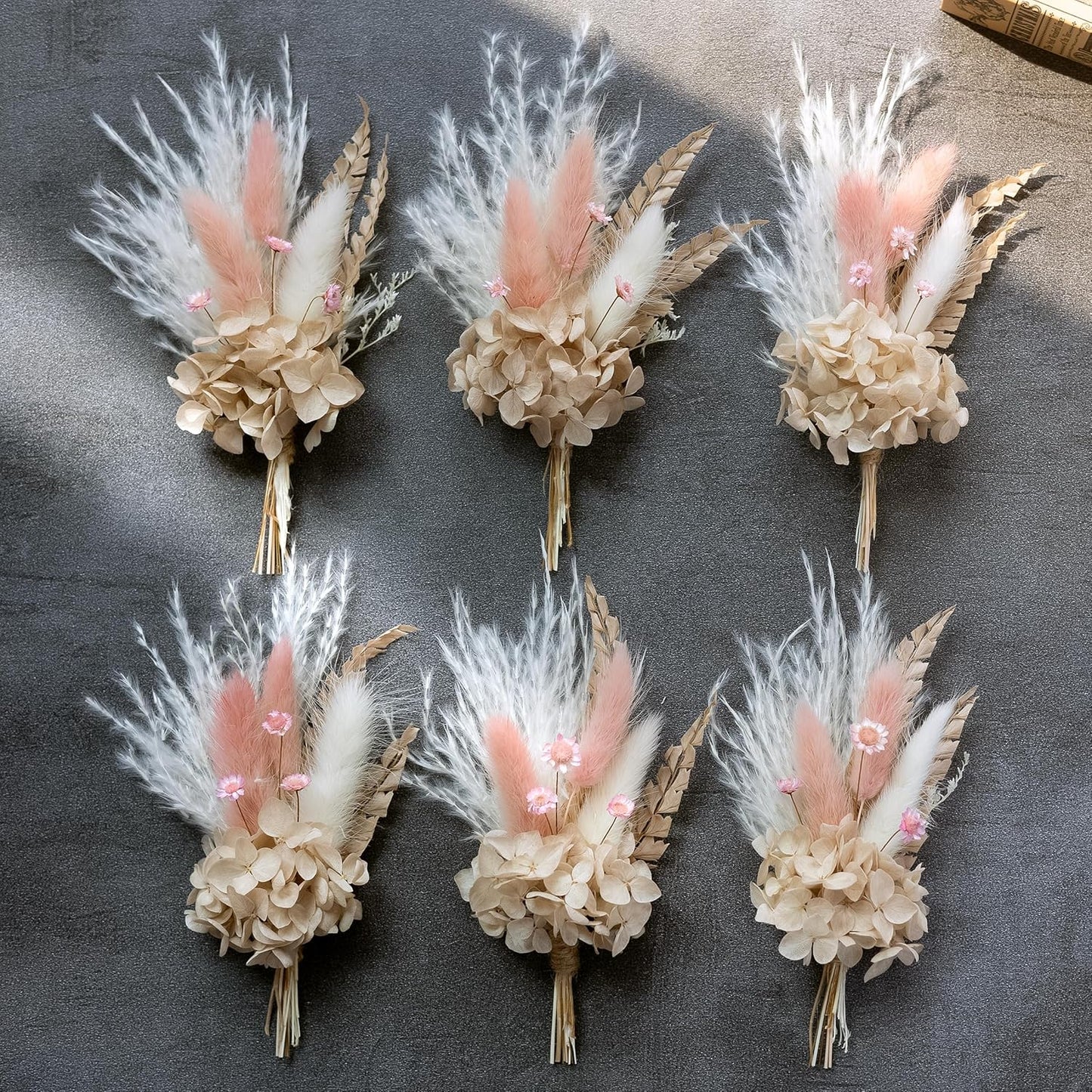 Miniature Dried Flower Bouquet (Pack of 6), Small Dried Pampas Grass, Small Dried Flowers for Crafts, Birthday Cake Bridesmaid Gift Box, Card Envelope Decoration. (Dusty Pink)