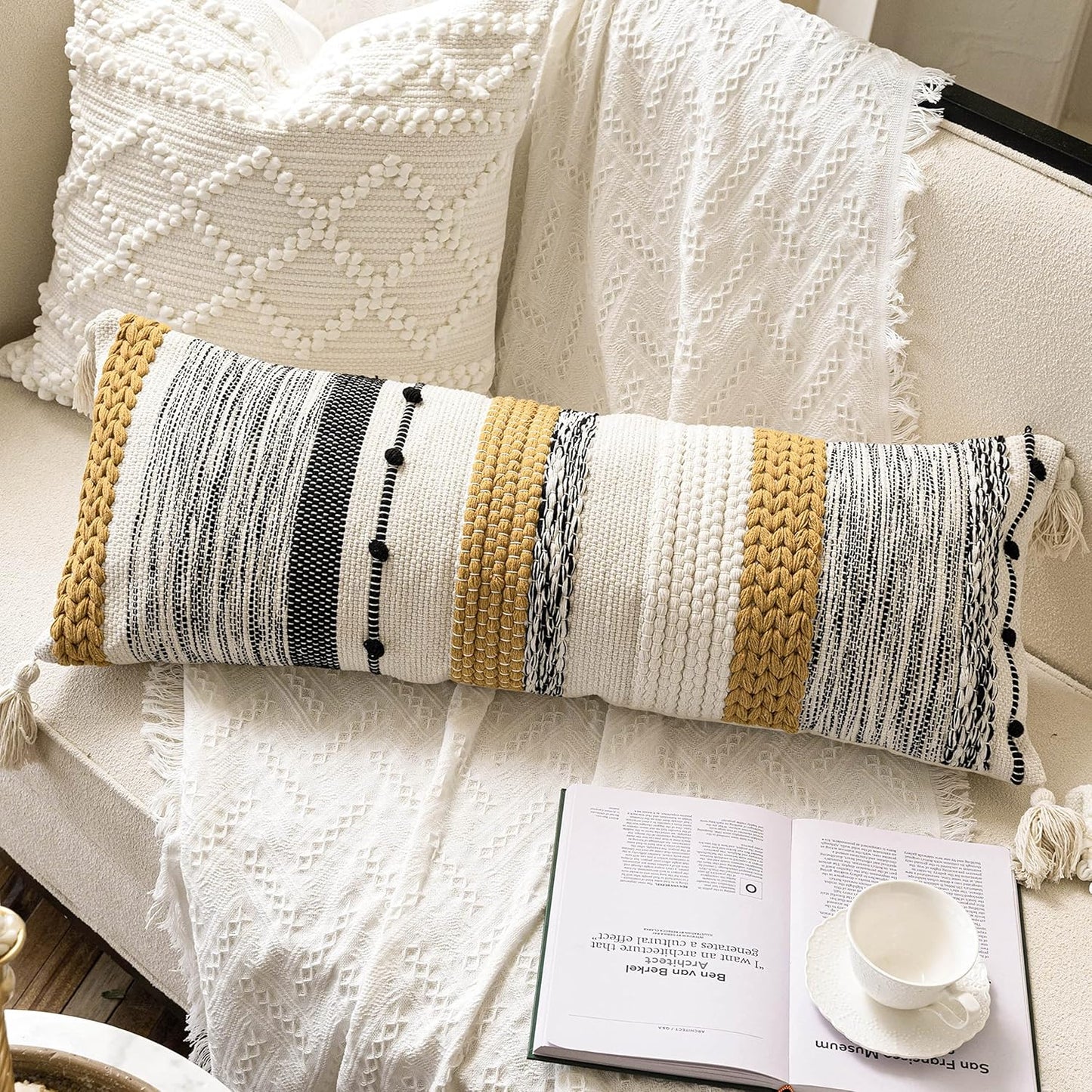 BlissBlush Fall Decorative Lumbar Throw Pillow Cover 14x36 Boho Long Cushion for Bed Yellow Mustard Accent Farmhouse Pillowcase for Bedroom Living Room Couch Sofa Home Décor Cover ONLY